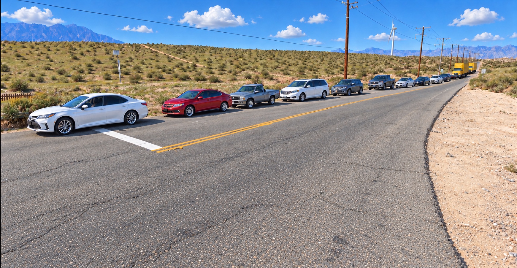 White and metallic red sedans lead a long line of cars, pickup trucks, and two unbranded yellow box trucks waiting on Varner Road beneath scattered white clouds, with desert hills and wind turbines in the distance